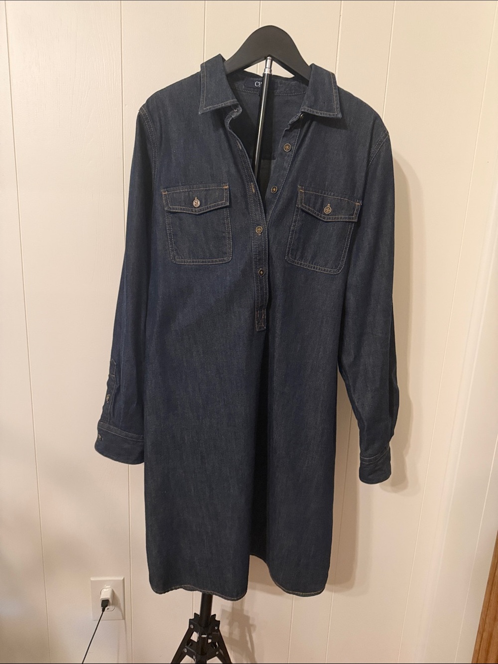 Chaps Dark Denim Midi Shirt Dress - Navy Blue
